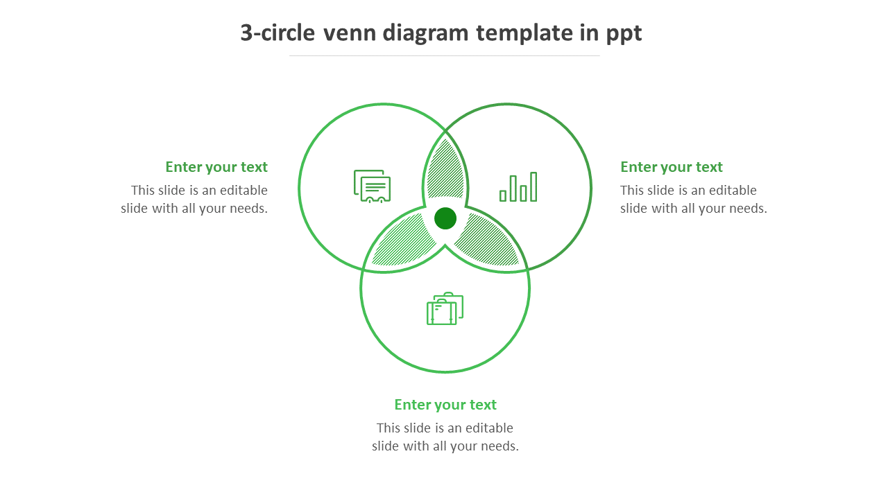 3-circle venn diagram template in ppt-green